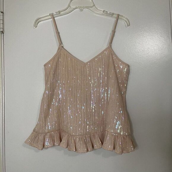 Anthropologie Pink sequin ruffle hem tank top size US 6 - Picture 6 of 6